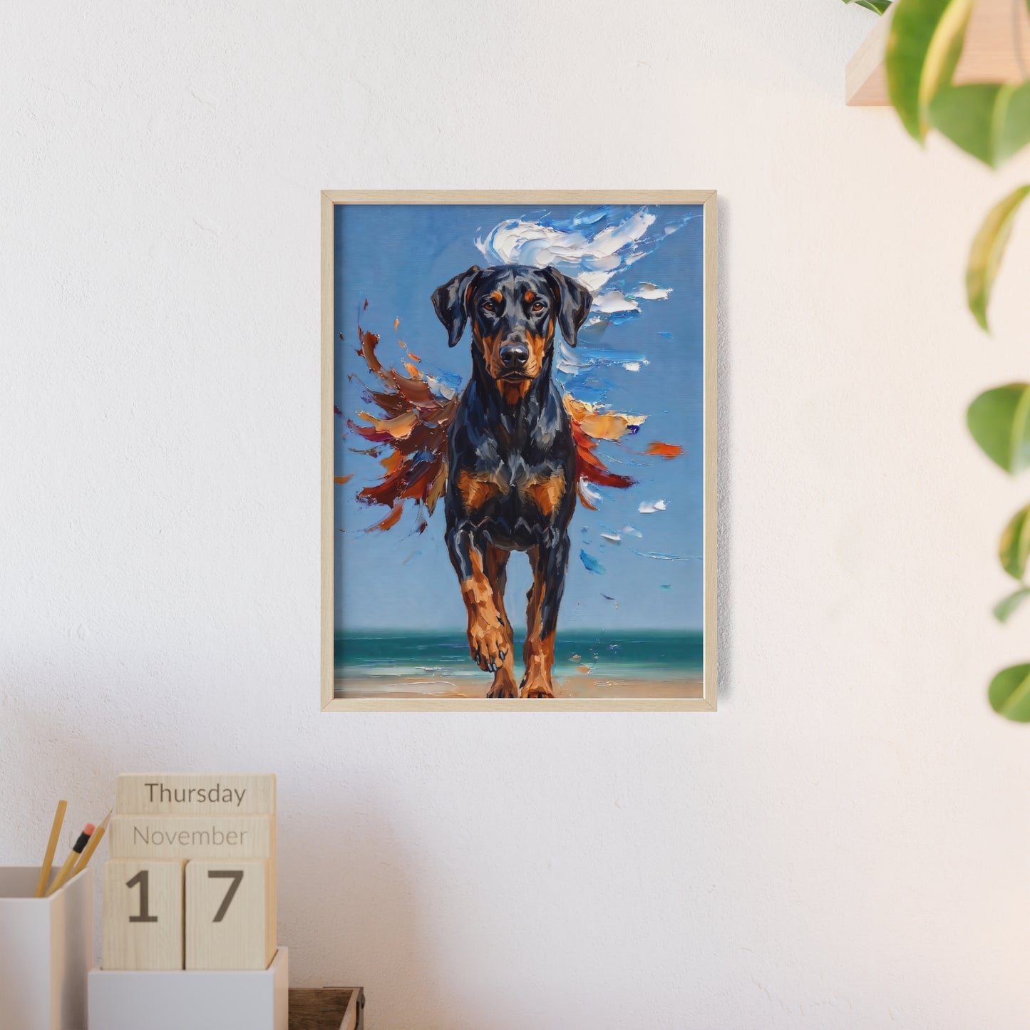 Doberman Beach Day Poster - Dynamic Dog Oil Painting Art