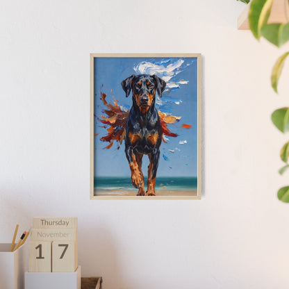 Doberman Beach Day Poster - Dynamic Dog Oil Painting Art