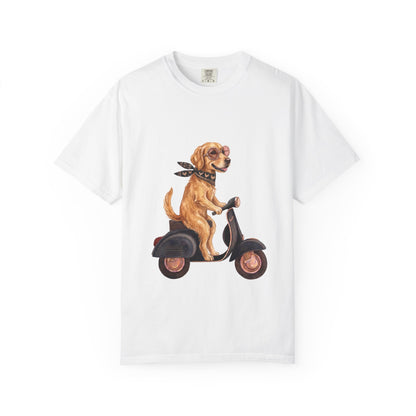 Golden Retriever Riding Vintage Scooter T-Shirt - Cool Dog Lover Tee