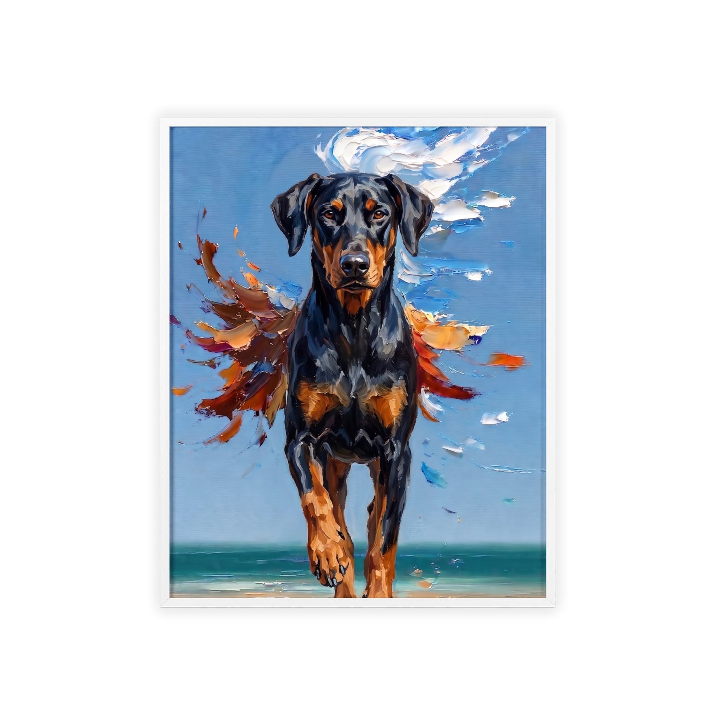 Doberman Beach Day Poster - Dynamic Dog Oil Painting Art