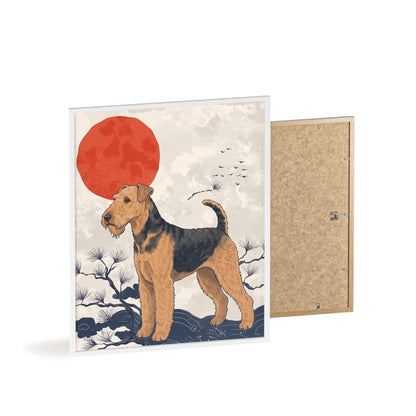 Airedale Terrier Japanese style Art Poster with Wooden Frame — Japanese Sunrise Dog Wall Art