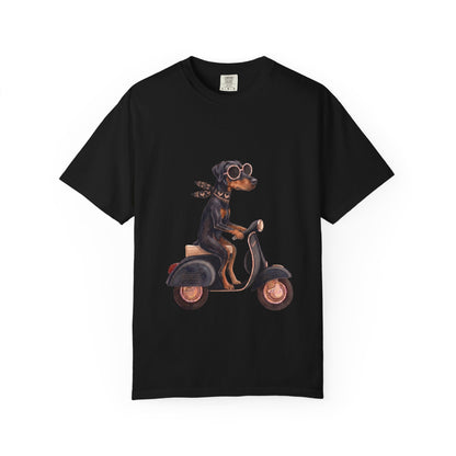 Doberman Pinscher Riding Retro Scooter Watercolor T-Shirt