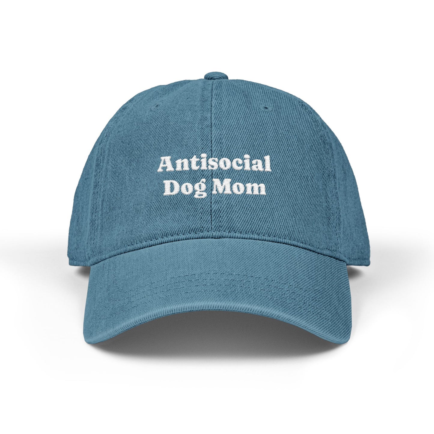 Antisocial Dog Mom Light Blue Denim Hat — Embroidered Cap for Dog Lovers