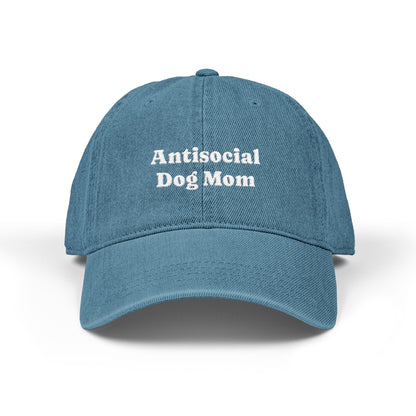 Antisocial Dog Mom Light Blue Denim Hat — Embroidered Cap for Dog Lovers