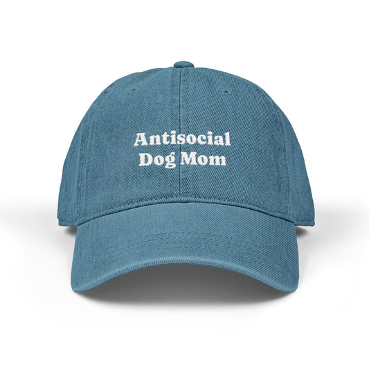 Antisocial Dog Mom Light Blue Denim Hat — Embroidered Cap for Dog Lovers