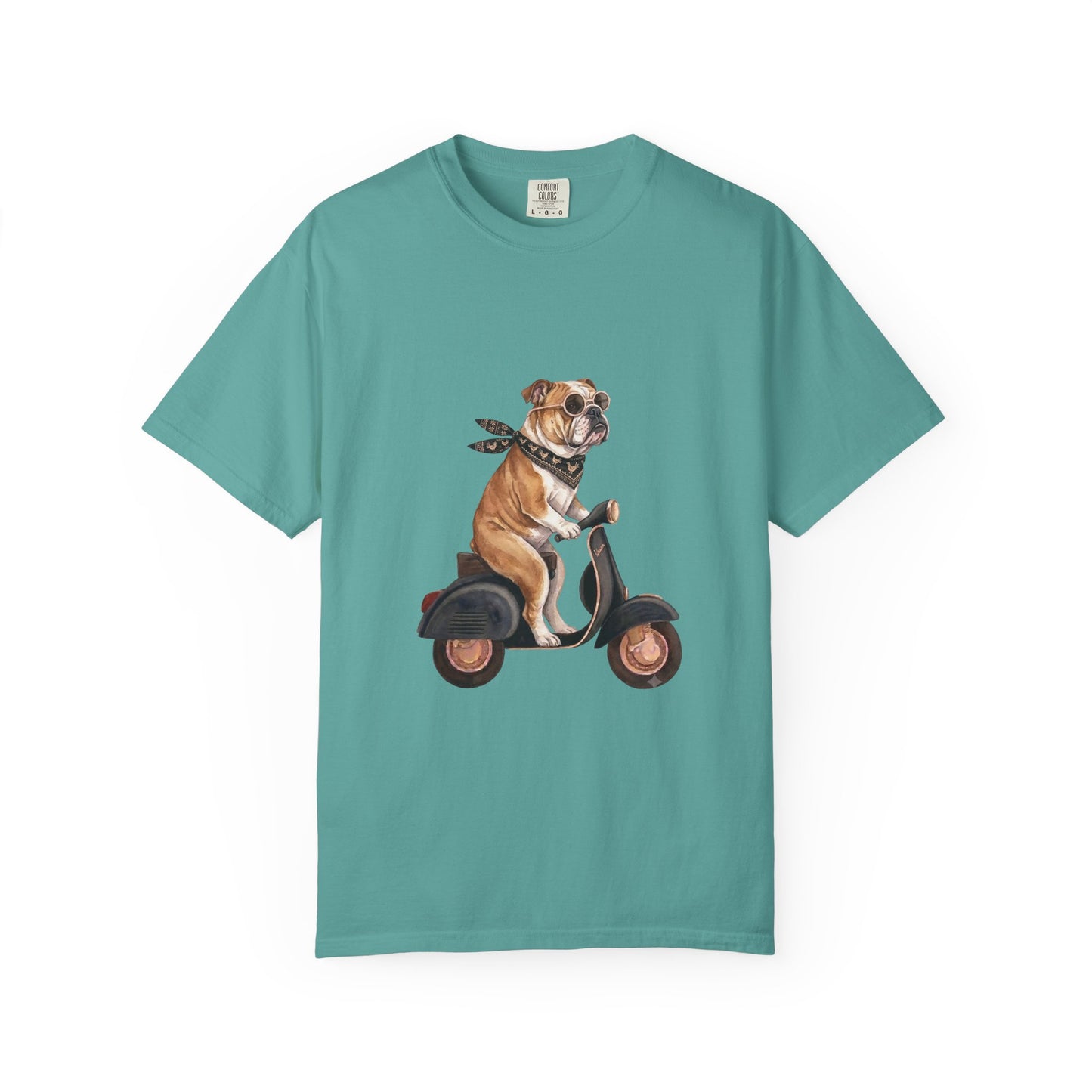 Funny English Bulldog Riding Vintage Scooter T-Shirt - Retro Dog Graphic Tee