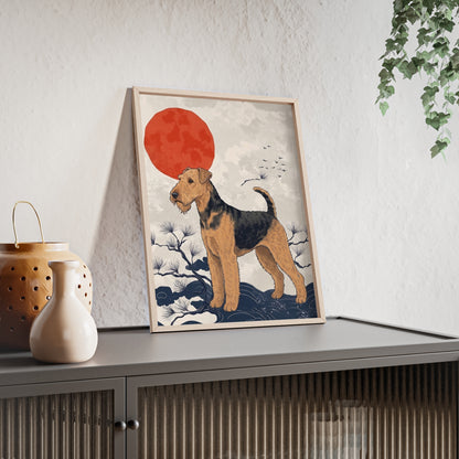 Airedale Terrier Japanese style Art Poster with Wooden Frame — Japanese Sunrise Dog Wall Art