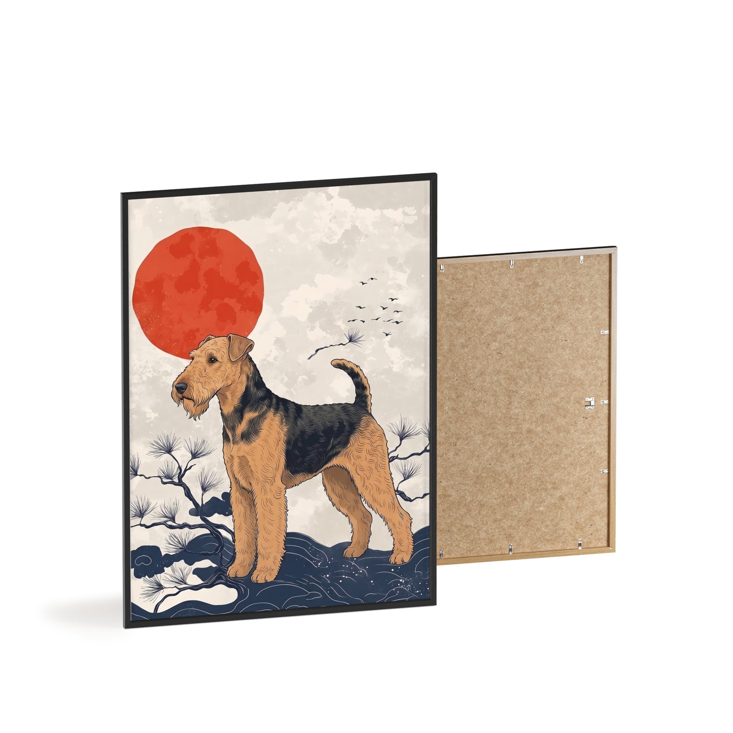 Airedale Terrier Japanese style Art Poster with Wooden Frame — Japanese Sunrise Dog Wall Art