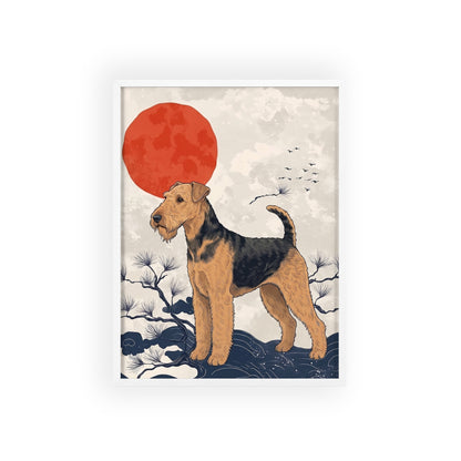 Airedale Terrier Japanese style Art Poster with Wooden Frame — Japanese Sunrise Dog Wall Art