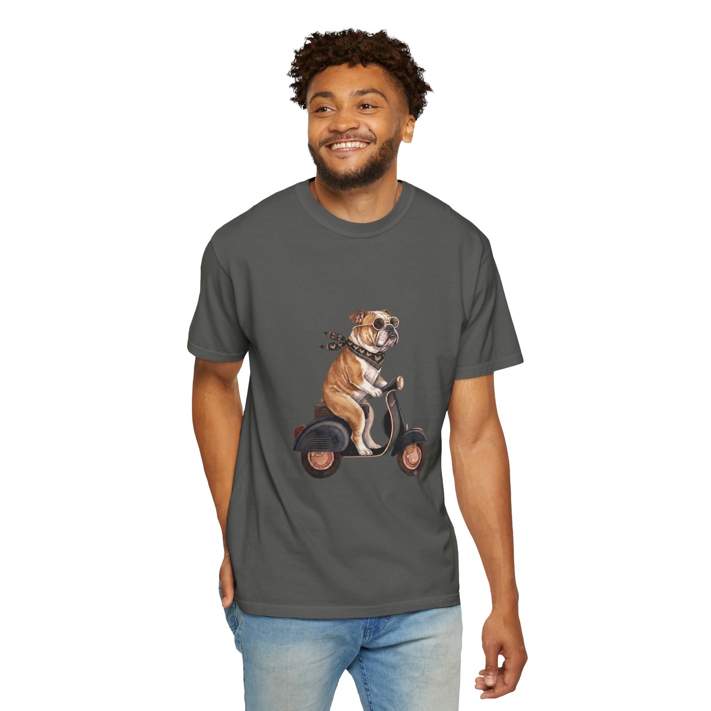 Funny English Bulldog Riding Vintage Scooter T-Shirt - Retro Dog Graphic Tee
