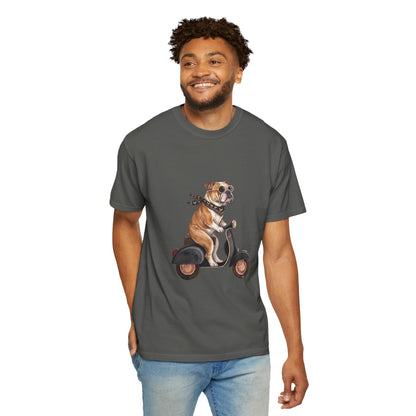 Funny English Bulldog Riding Vintage Scooter T-Shirt - Retro Dog Graphic Tee