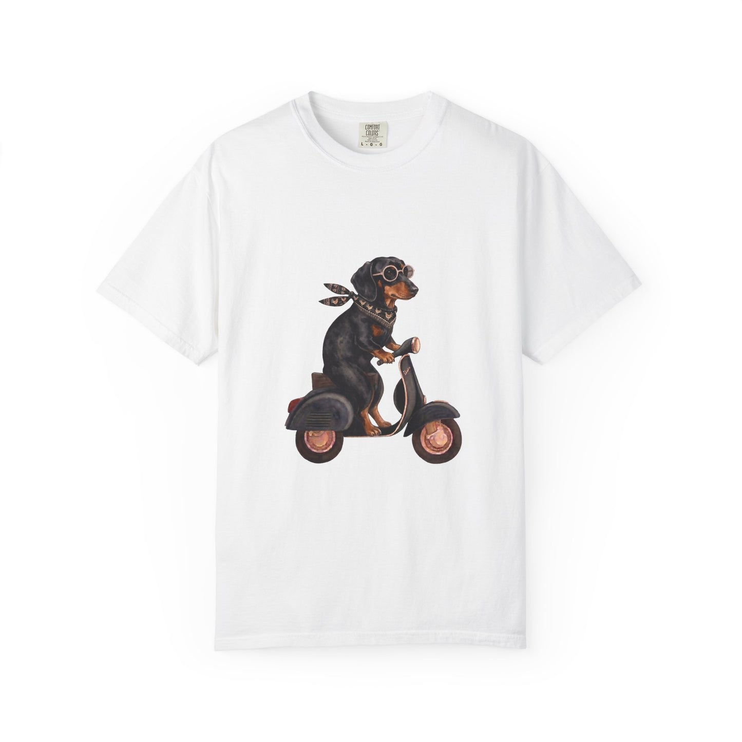 Cool Dachshund Riding a Scooter Graphic T-Shirt - Funny Wiener Dog Adventurer Tee