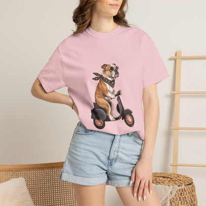 Funny English Bulldog Riding Vintage Scooter T-Shirt - Retro Dog Graphic Tee