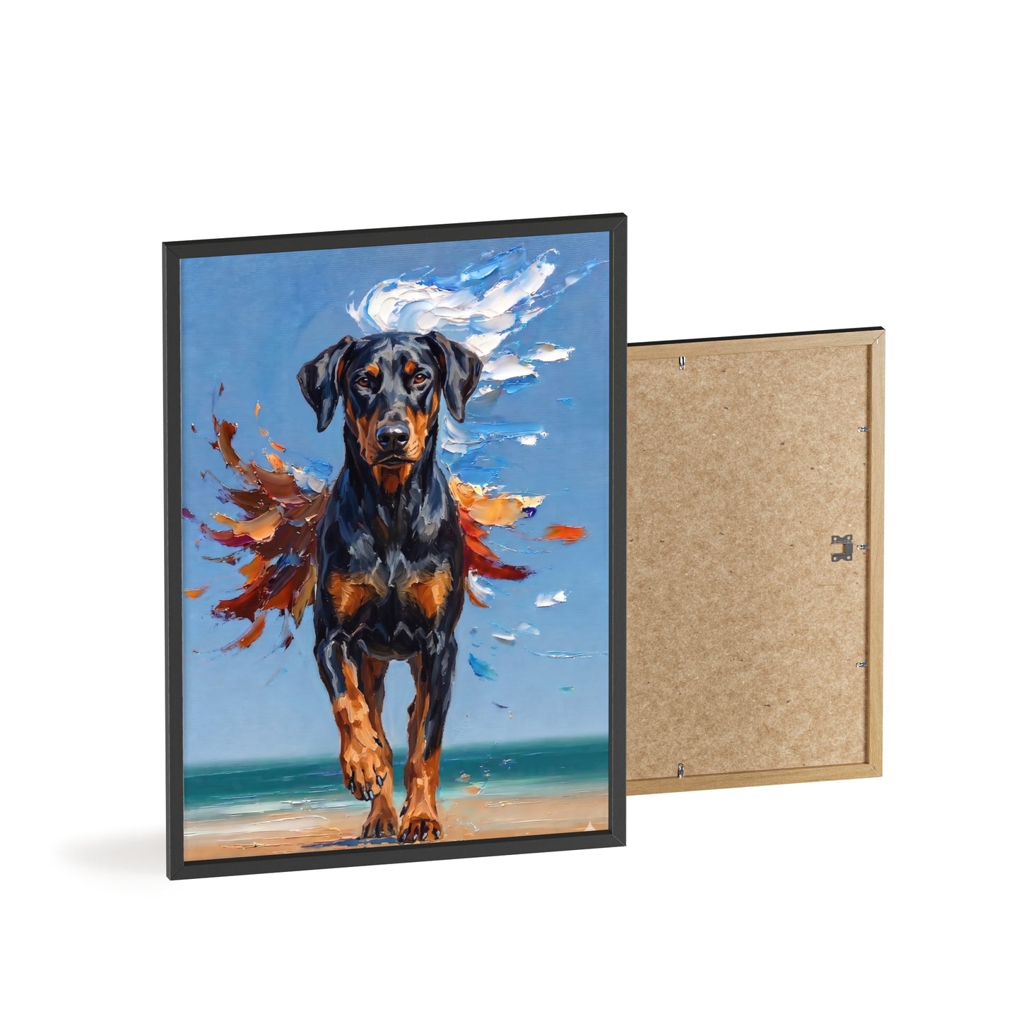 Doberman Beach Day Poster - Dynamic Dog Oil Painting Art