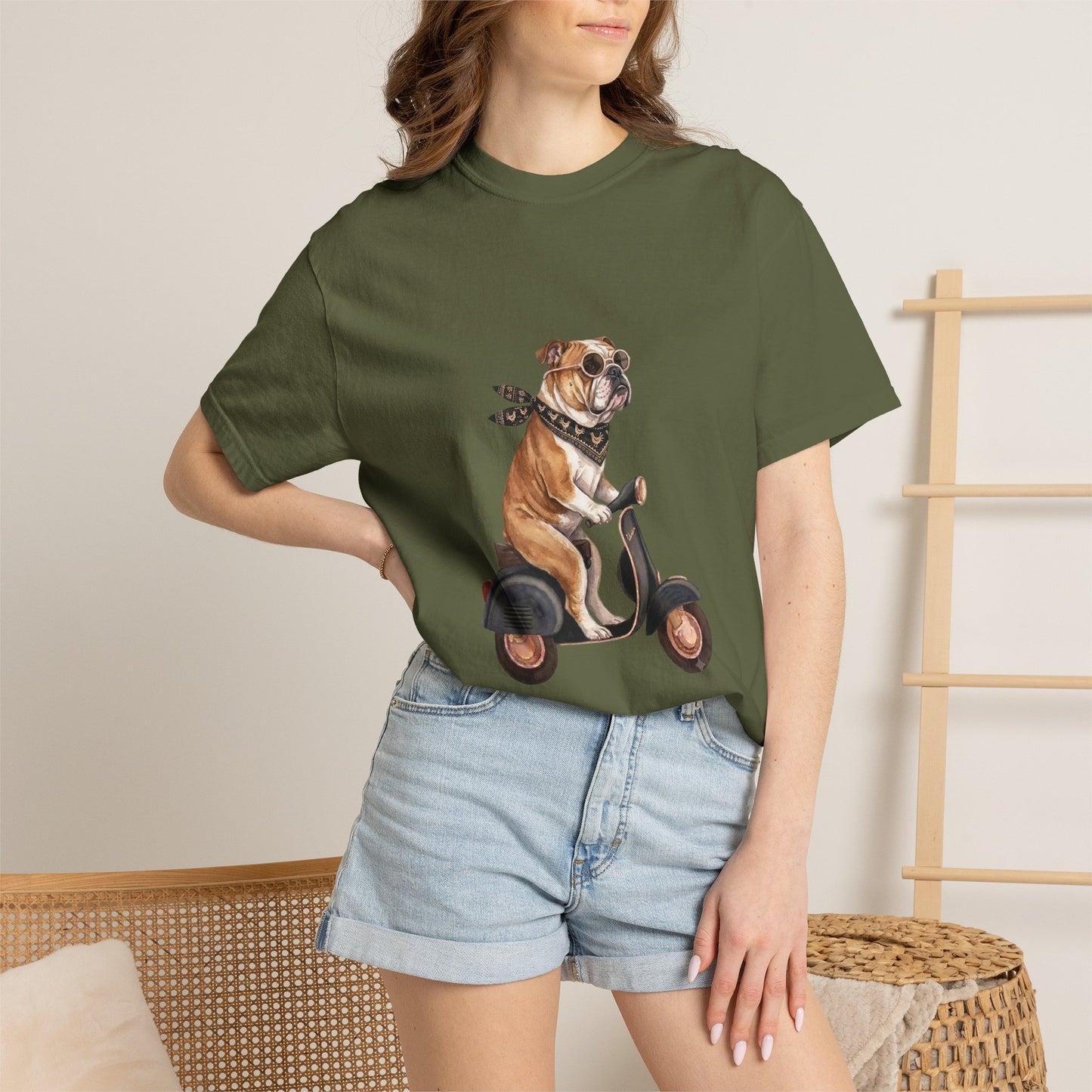 Funny English Bulldog Riding Vintage Scooter T-Shirt - Retro Dog Graphic Tee