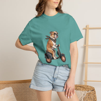 Funny English Bulldog Riding Vintage Scooter T-Shirt - Retro Dog Graphic Tee