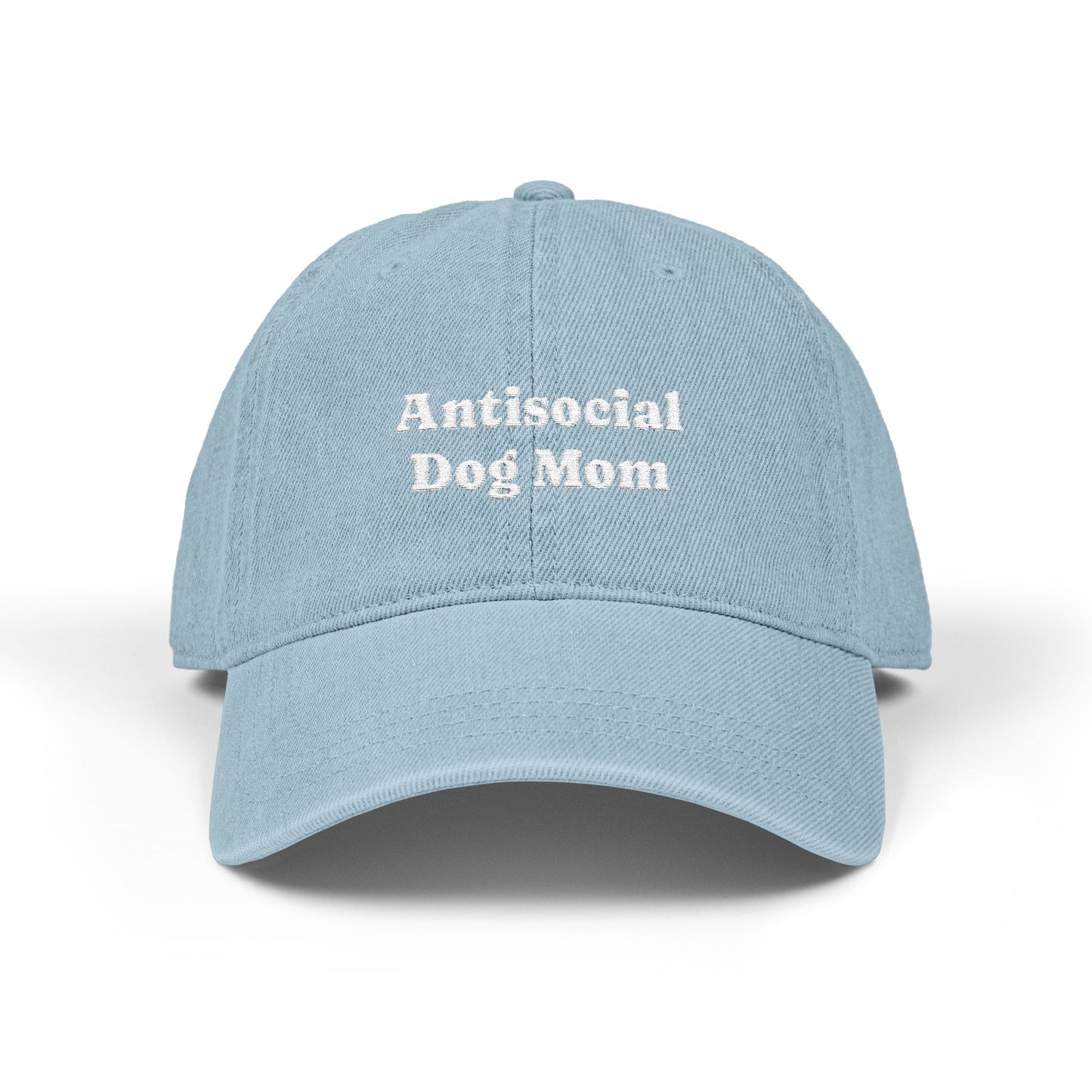 Antisocial Dog Mom Light Blue Denim Hat — Embroidered Cap for Dog Lovers