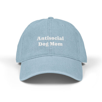 Antisocial Dog Mom Light Blue Denim Hat — Embroidered Cap for Dog Lovers