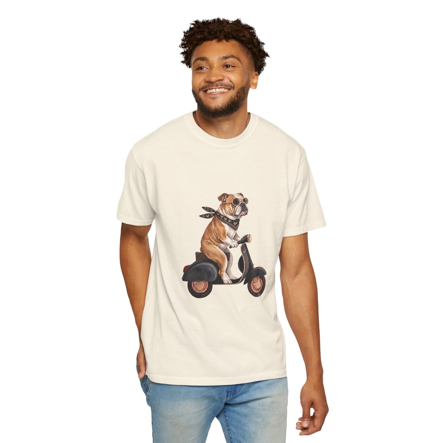 Funny English Bulldog Riding Vintage Scooter T-Shirt - Retro Dog Graphic Tee