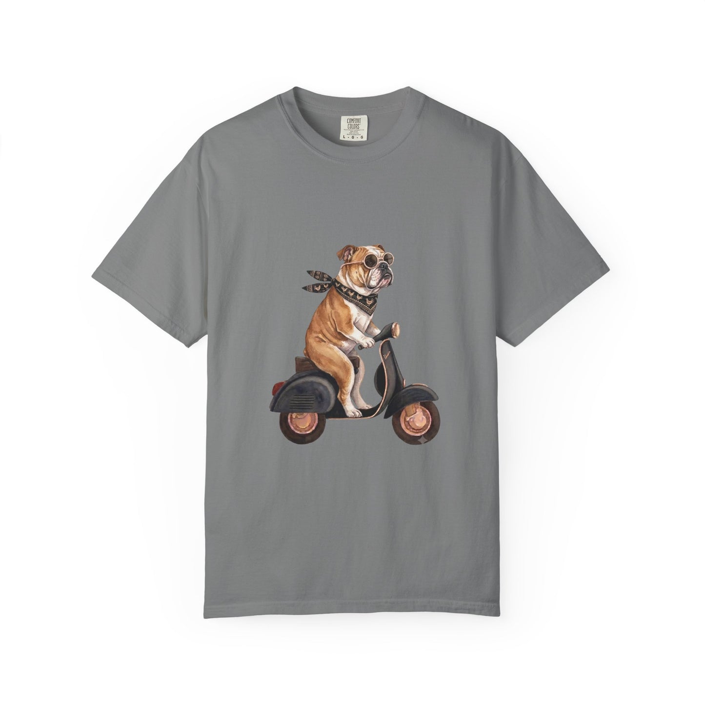 Funny English Bulldog Riding Vintage Scooter T-Shirt - Retro Dog Graphic Tee