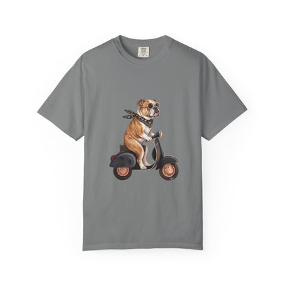 Funny English Bulldog Riding Vintage Scooter T-Shirt - Retro Dog Graphic Tee