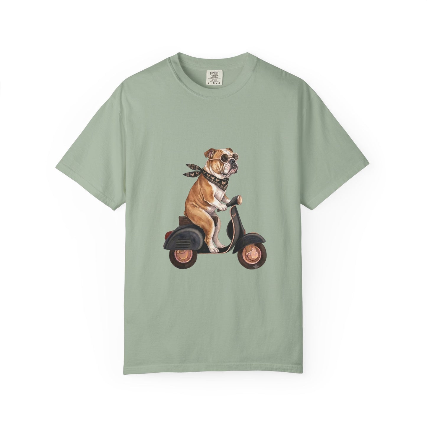 Funny English Bulldog Riding Vintage Scooter T-Shirt - Retro Dog Graphic Tee